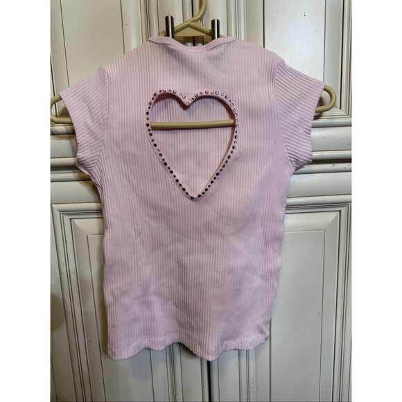 Zara Girls Ribbed Cutout Heart Rhinestones Short Sleeve Top Pink Size 11-12 NWT - Picture 3 of 8